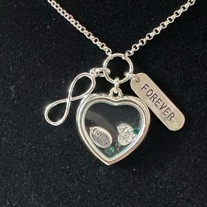 Silver Tone Heart Pendant Necklace with green stones & infinity forever charms